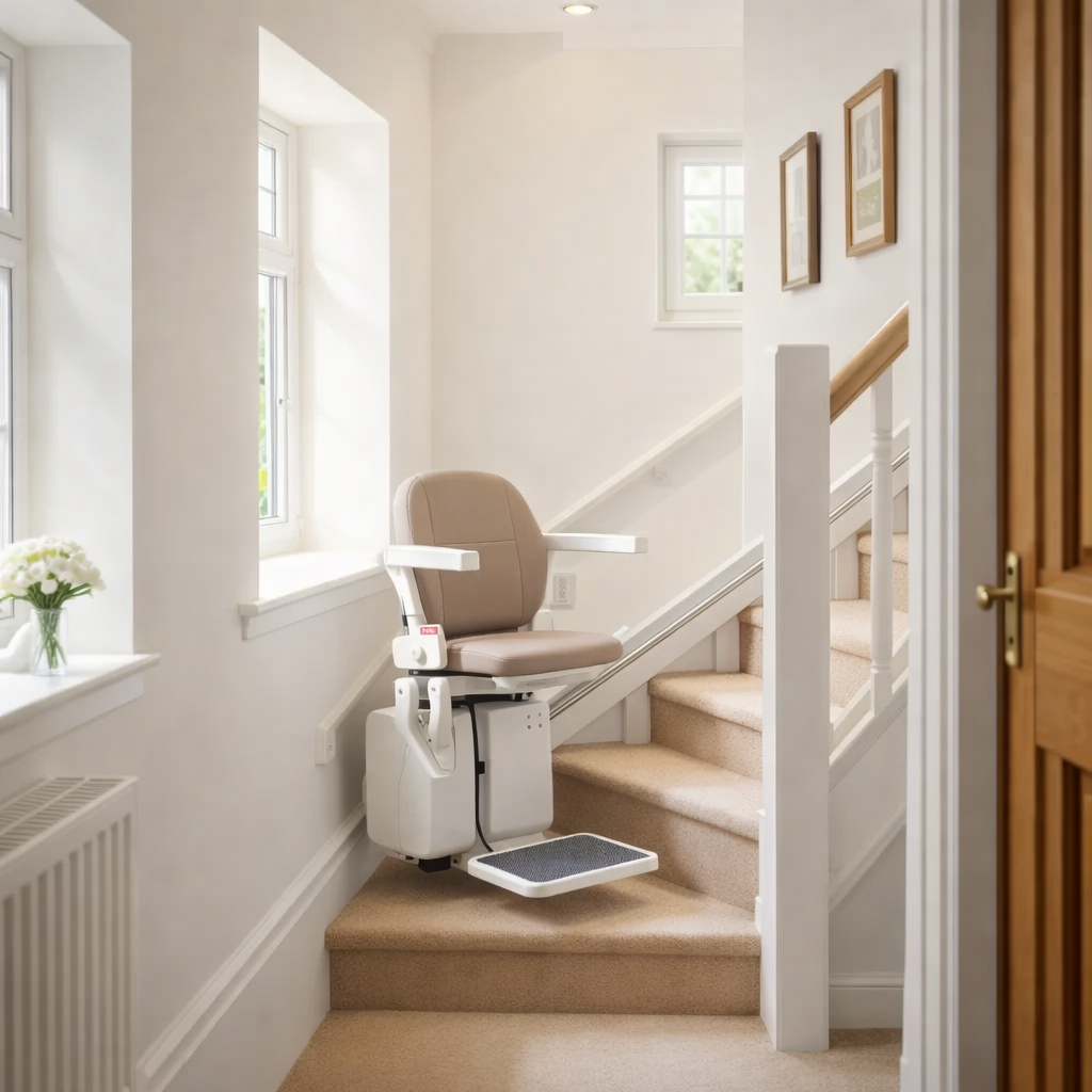 Stairlift installed on a carpeted staircase in a typical UK home