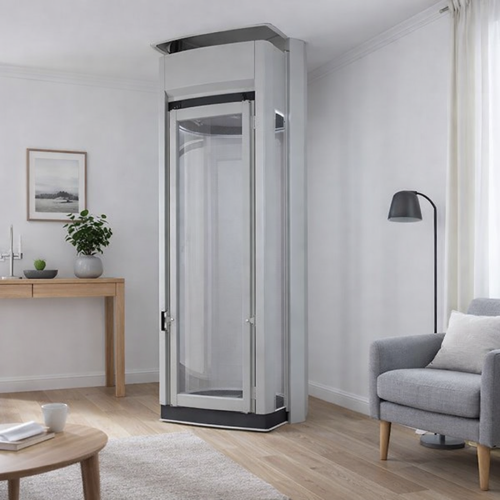 Illustration of a through-floor home lift installed in a modern UK living room