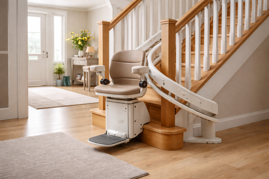 Guide to stairlifts showing a curved stairlift installed on a wooden staircase in a UK home