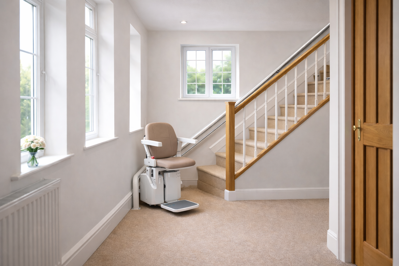 Stairlift installed on a carpeted staircase in a typical UK home